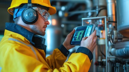 Thermal engineer conducting heat exchange analysis, utilizing advanced diagnostic tools in a modern laboratory