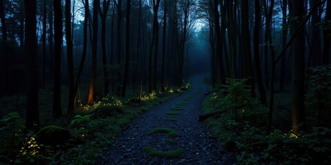 Obraz premium Twinkling green forest path leading into the darkness of a mystical forest at dusk, path, shadows