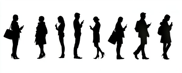 Silhouette Illustrations of Diverse People in Various Poses Standing Sitting Holding Umbrellas Using Phones