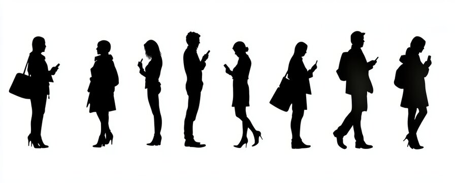 Silhouette Illustrations of Diverse People in Various Poses Standing Sitting Holding Umbrellas Using Phones