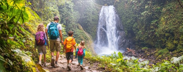 outdoor activities, mountain biking. Young explorers discovering a hidden waterfall along a forest trail, vibrant and adventurous scene