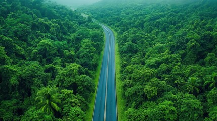 Endless highway stretching through a lush rainforest, where the road is surrounded by vibrant greenery, representing an exotic journey, Rainforest Highway, Tropical Adventure