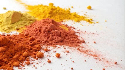 Vibrant Holi powder scattered across a pristine white background with shades of orange and yellow hues dominating the scene, bright oranges, powder explosion