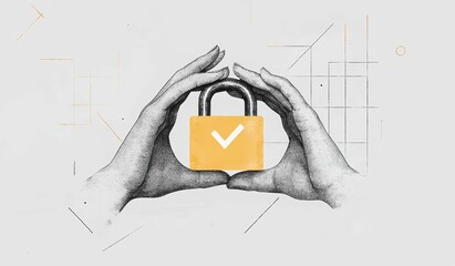 Protective Hands with Golden Padlock Cyber Security Digital Art Illustration