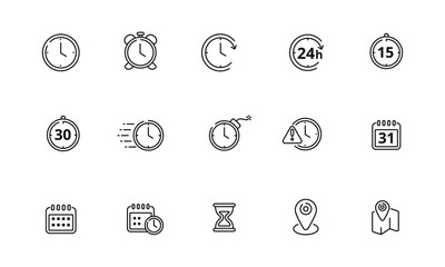 Time, date and location icons collection with outline style on a white background