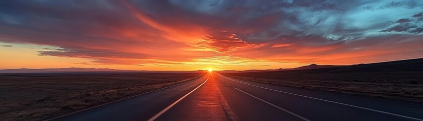 Highway stretching into the twilight, with a fiery sunset illuminating the path, representing the end of a day s journey, Sunset Highway, Golden Adventure