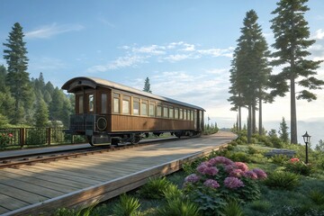 Obraz premium Vintage railway carriage on a scenic platform surrounded by lush greenery and towering trees under a bright blue sky, trees, vintage