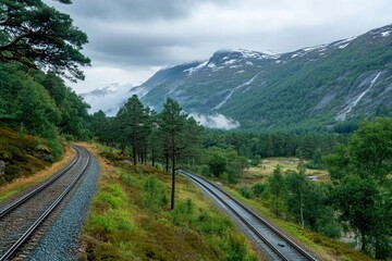 Fototapeta premium railways along with trees and greenland with generative ai