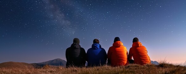 outdoor activities, mountain biking. Friends camping under the stars after an intense hike, rewarding and tranquil post-adventure moment