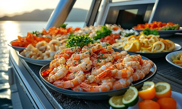 A vibrant seafood platter featuring shrimp and garnishes.