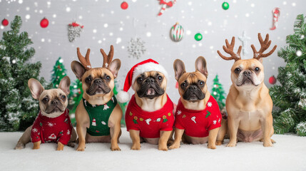 Festive group of French Bulldogs wearing Christmas outfits, including Santa hats and reindeer antlers, surrounded by holiday decorations