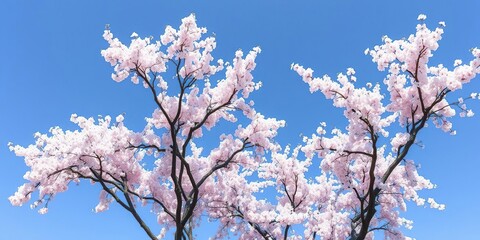 Obraz premium Weeping cherry blossom trees against a clear blue sky, serene landscape, blooming tree, leafy branches