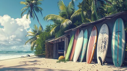 A row of surfboards propped against a beach shack, ready for a day of fun.