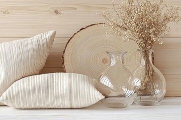 Minimalist rustic home decor with beige pillows and glass vases on white wooden background