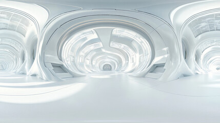 360 degree panorama view.A futuristic, empty white building is shown in a 3D image.  It's a complete, all-around view.