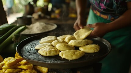 A street vendor cooks pupusas on a griddle, showcasing local ingredients and culinary culture