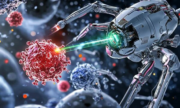 Futuristic nanobot operating, destroying a cancer cell with a laser inside a human body