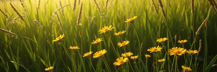 Fototapeta premium Yellow wildflowers swaying gently in the breeze against a backdrop of tall green grasses with sunlight filtering through, field flowers, yellow wildflowers, sunny day atmosphere