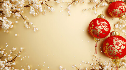 A red and white background with two red and gold lanterns