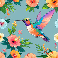 Colorful illustrated hummingbird surrounded by vibrant tropical flowers and leaves on a serene blue background. Perfect for brightening spaces and evoking feelings of joy, nature, and beauty.