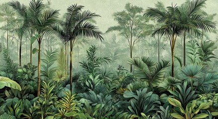 Tropical Foliage Botanical Illustration Palm Trees Lush Jungle Interior Wallpaper