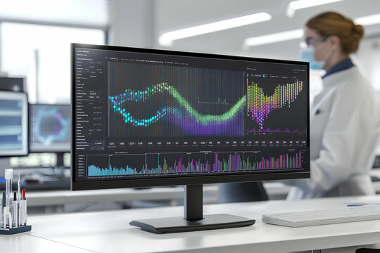 Modern laboratory workstation with a DNA sequence displayed on a large monitor