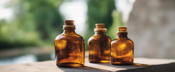 Three amber glass bottles of different sizes sit on stacked stone platforms
