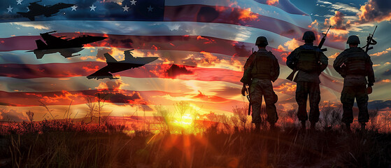 Soldiers in silhouette stand proudly with the USA flag at sunset, double exposure blending the sky with Navy fighters in flight, creating a powerful image for Veterans Day celebrations