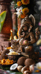 Fototapeta premium A close-up view of symbolic offerings like coconuts, jaggery, and fresh fruits placed before a Ganesh idol on an ornate altar during the festivities, emphasizing gratitude and devotion