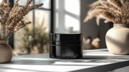 Black jar of face cream mockup on a table with white background, a beauty product packaging presentation mock-up for a design branding concept.