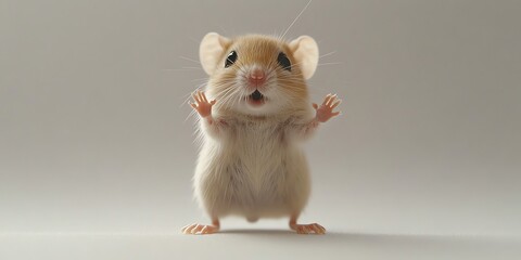 A small, cute mouse with big eyes and a surprised expression stands on its hind legs and raises its front paws in the air.