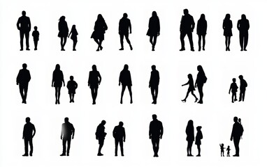 Silhouette Illustrations of Human Figures and Children in Various Poses Activities