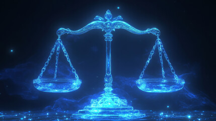 Futuristic scales of justice, glowing blue in a digital image.
