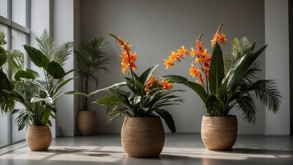 Fototapeta premium Beautiful indoor plants with vibrant orange flowers in modern interior space