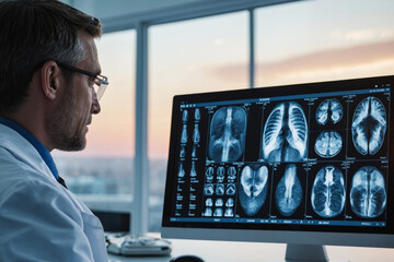 Medical professional analyzes x-ray images in a modern clinic at sunset