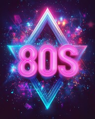 80s Neon Retro Background with Glowing Pink and Blue Letters Stars and Sparkles