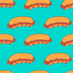 Seamless hot dog pattern. Fast food doodle vector background