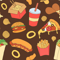 Doodle fast food seamless pattern. Junk meals background.
