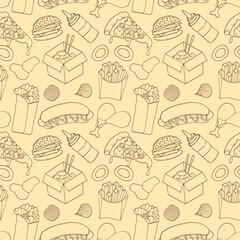 Doodle fast food seamless pattern. Junk meals background.