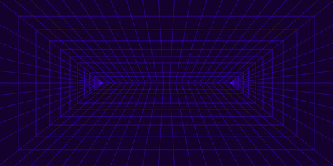 3d violet wireframe grid room. Perspective laser cyberspace dark background