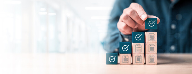 Businessman Take an assessment, Check list, questionnaire, evaluation, filling out an online survey...