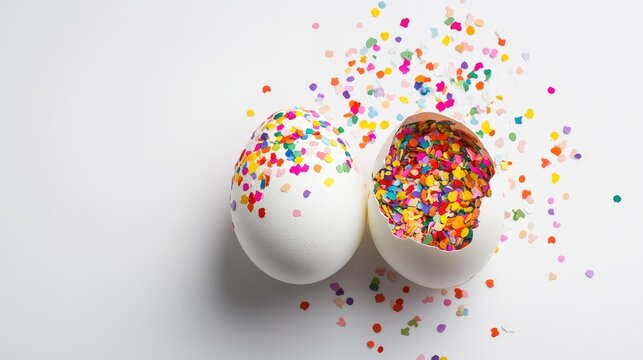 Colorful Confetti Eggs on a White Surface with Vibrant Sprinkles Unveiling a Surprise of Joyous Celebration and Festive Cheer for Seasonal Gatherings and Events