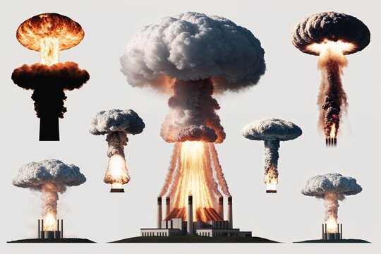 Nuclear Explosion Compilation with Isolated Mushroom Clouds on Solid Background