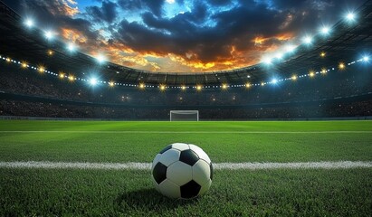soccer ball on green field in stadium ready for match with vibrant crowd under cloudy sky
