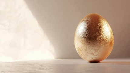 A Luxurious Golden Egg Positioned Elegantly on a Minimalist Surface, Illuminated by Soft Light, Symbolizing Prosperity and Abundance in a Contemporary Setting