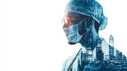 Double exposure of male doctor wearing protective suit and glasses over modern cityscape background.
