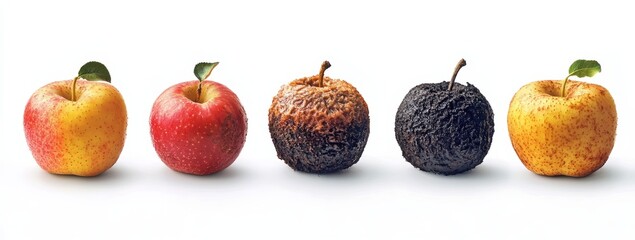 Apple Life Cycle Stages from Fresh to Decomposed Isolated on White Background