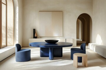 Modern minimalist interior with round blue dining table, pouf, and curved white bench in serene living room