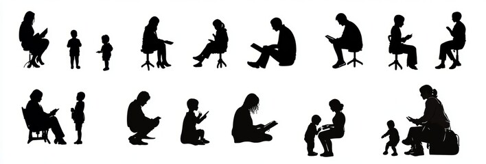 Fototapeta premium Silhouettes of People in Various Poses Including Sitting Standing Reading and Interacting