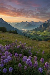 Fototapeta premium Mountain view with meadow